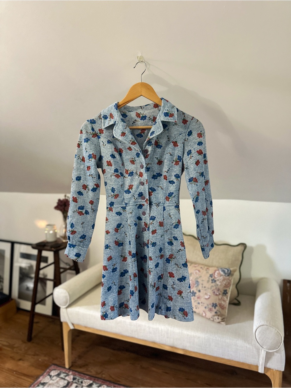 70s Vintage Blue Floral Mini Dress